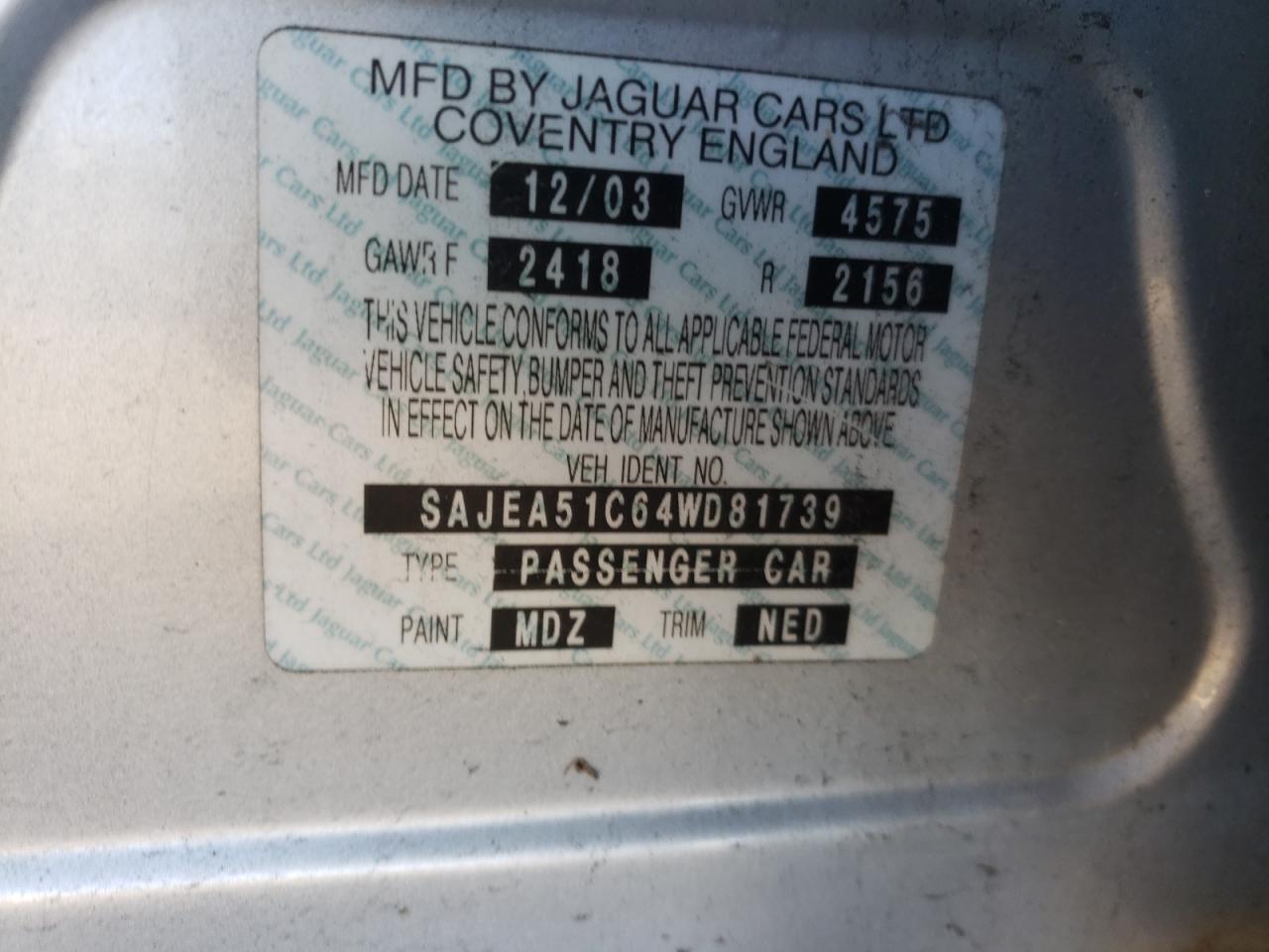 Photo 10 from auction – 2004 JAGUAR X-TYPE 3.0 with VIN SAJEA51C64WD81739