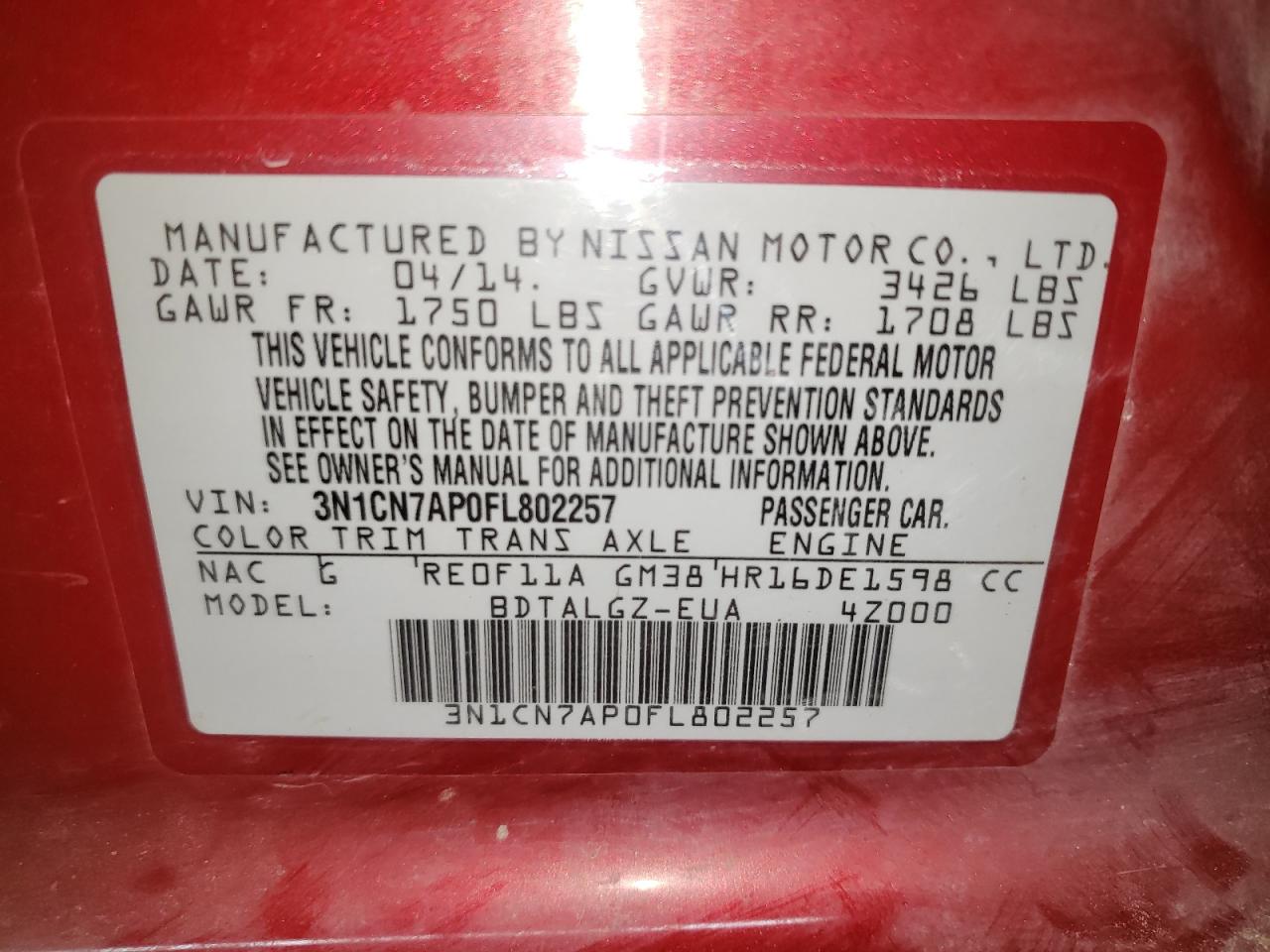 Photo 10 from auction – 2015 NISSAN VERSA S with VIN 3N1CN7AP0FL802257