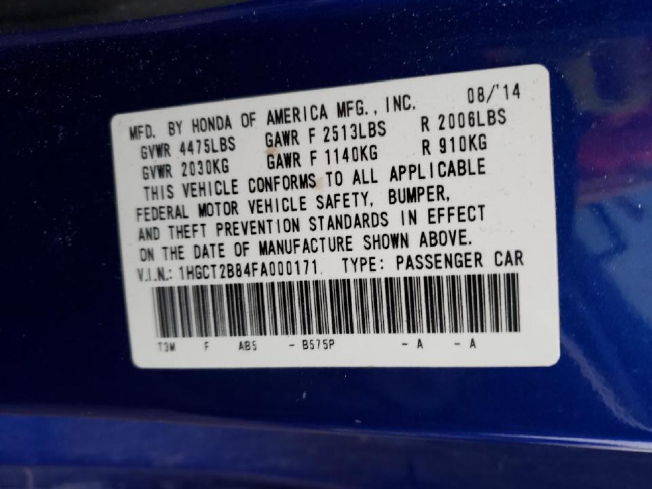 Photo 10 from auction – 2015 HONDA ACCORD EXL with VIN 1HGCT2B84FA000171