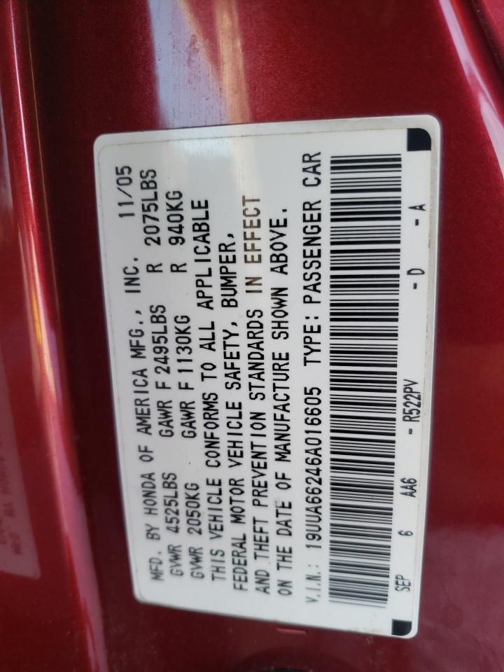 Photo 10 from auction – 2006 ACURA 3.2TL with VIN 19UUA66246A016605