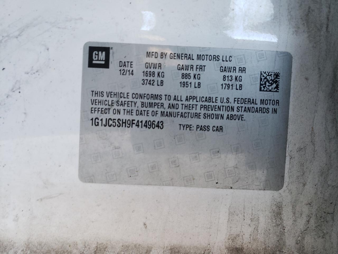 Photo 10 from auction – 2015 CHEVROLET SONIC LT with VIN 1G1JC5SH9F4149643