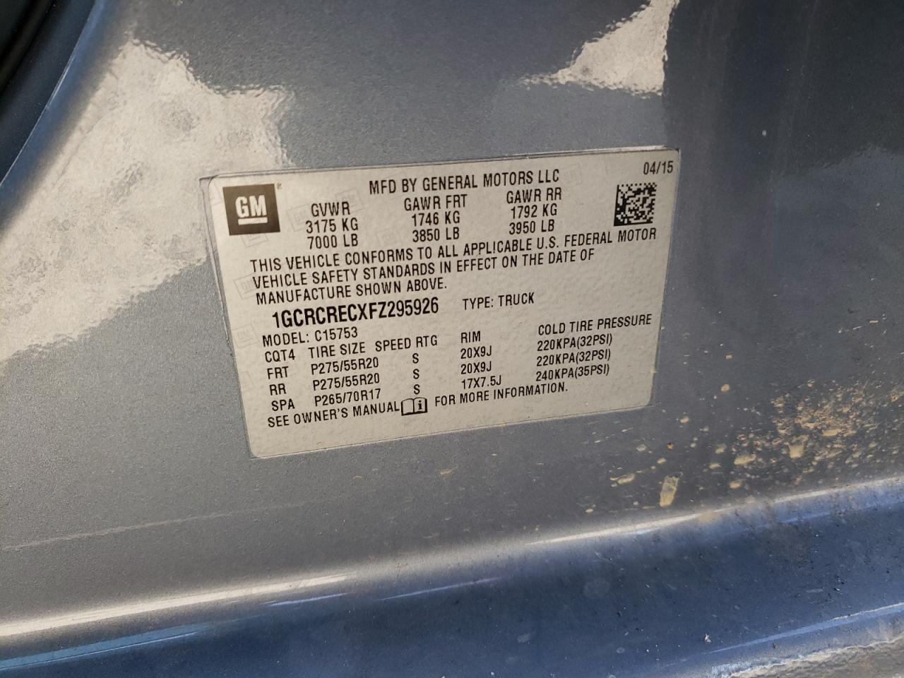 Photo 10 from auction – 2015 CHEVROLET SILVERADO with VIN 1GCRCRECXFZ295926