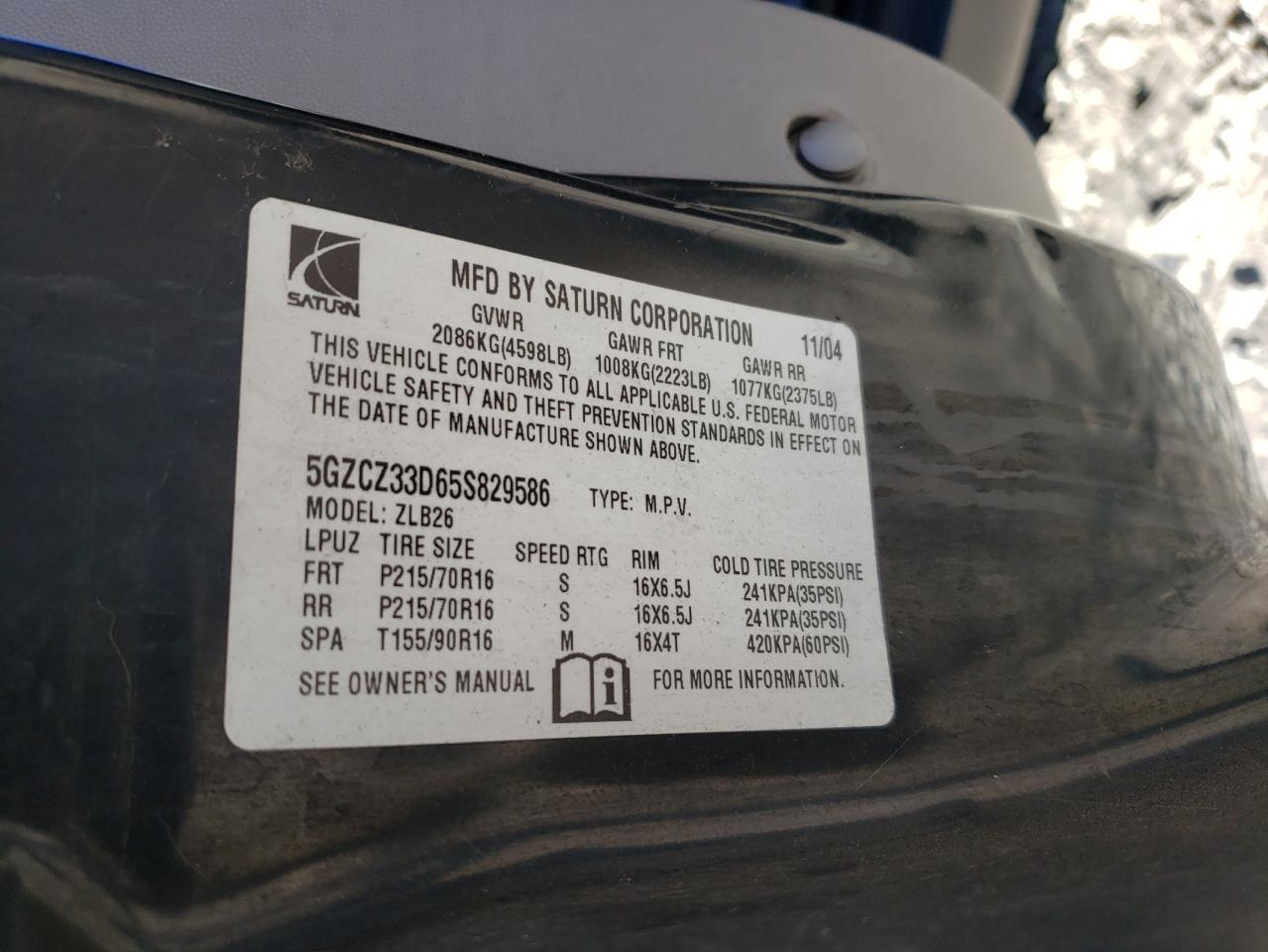 Photo 10 from auction – 2005 SATURN VUE with VIN 5GZCZ33D65S829586