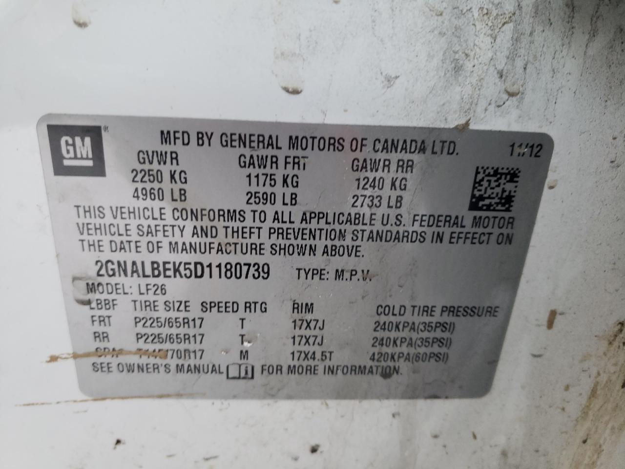Photo 10 from auction – 2013 CHEVROLET EQUINOX LS with VIN 2GNALBEK5D1180739