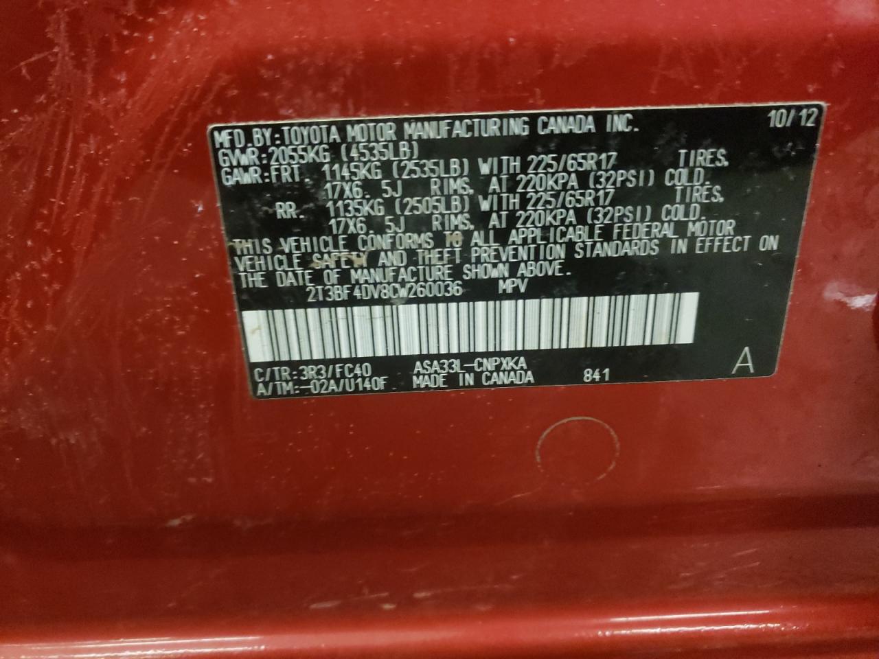 Photo 10 from auction – 2012 TOYOTA RAV4 with VIN 2T3BF4DV8CW260036