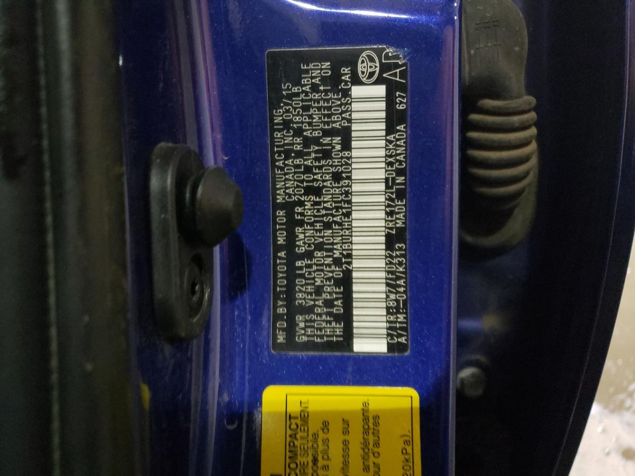 Photo 10 from auction – 2015 TOYOTA COROLLA L with VIN 2T1BURHE1FC391028