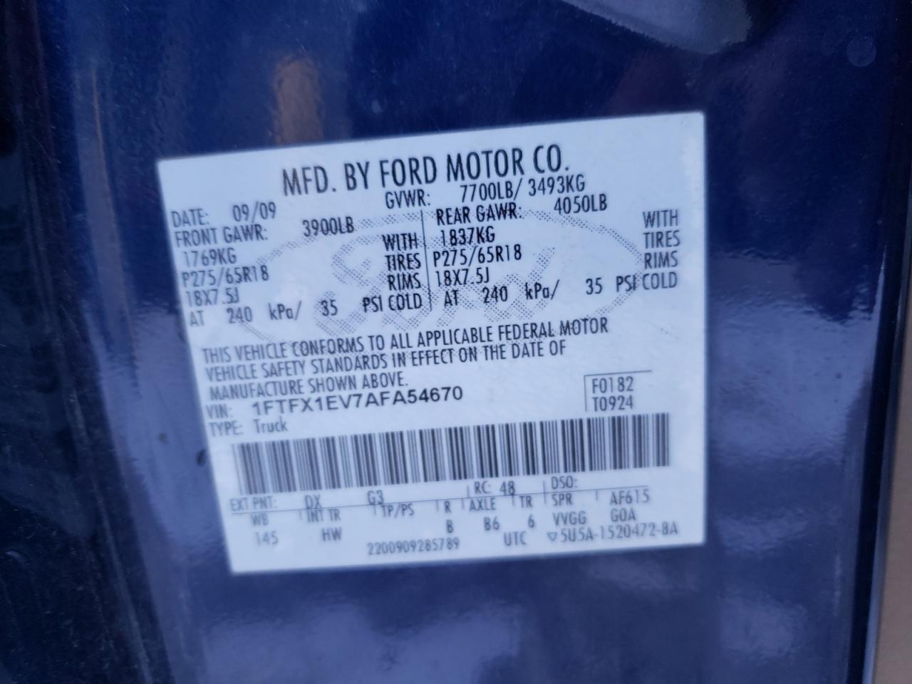 Photo 10 from auction – 2010 FORD F150 SUPER with VIN 1FTFX1EV7AFA54670