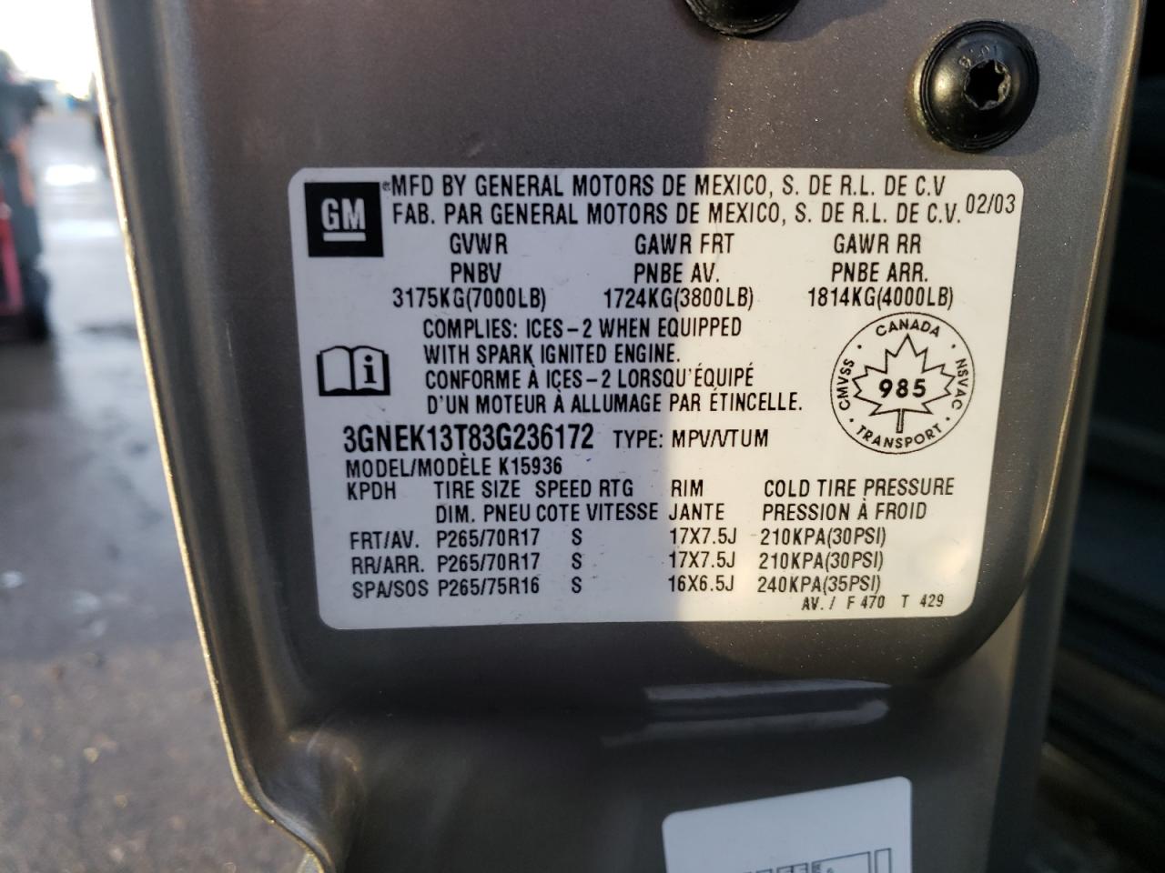 Photo 10 from auction – 2003 CHEVROLET AVALANCHE with VIN 3GNEK13T83G236172