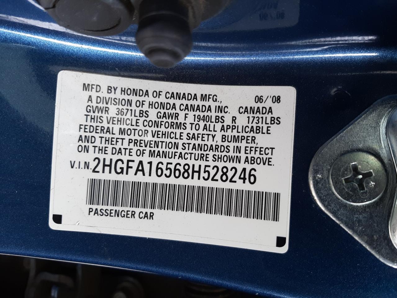 Photo 10 from auction – 2008 HONDA CIVIC LX with VIN 2HGFA16568H528246
