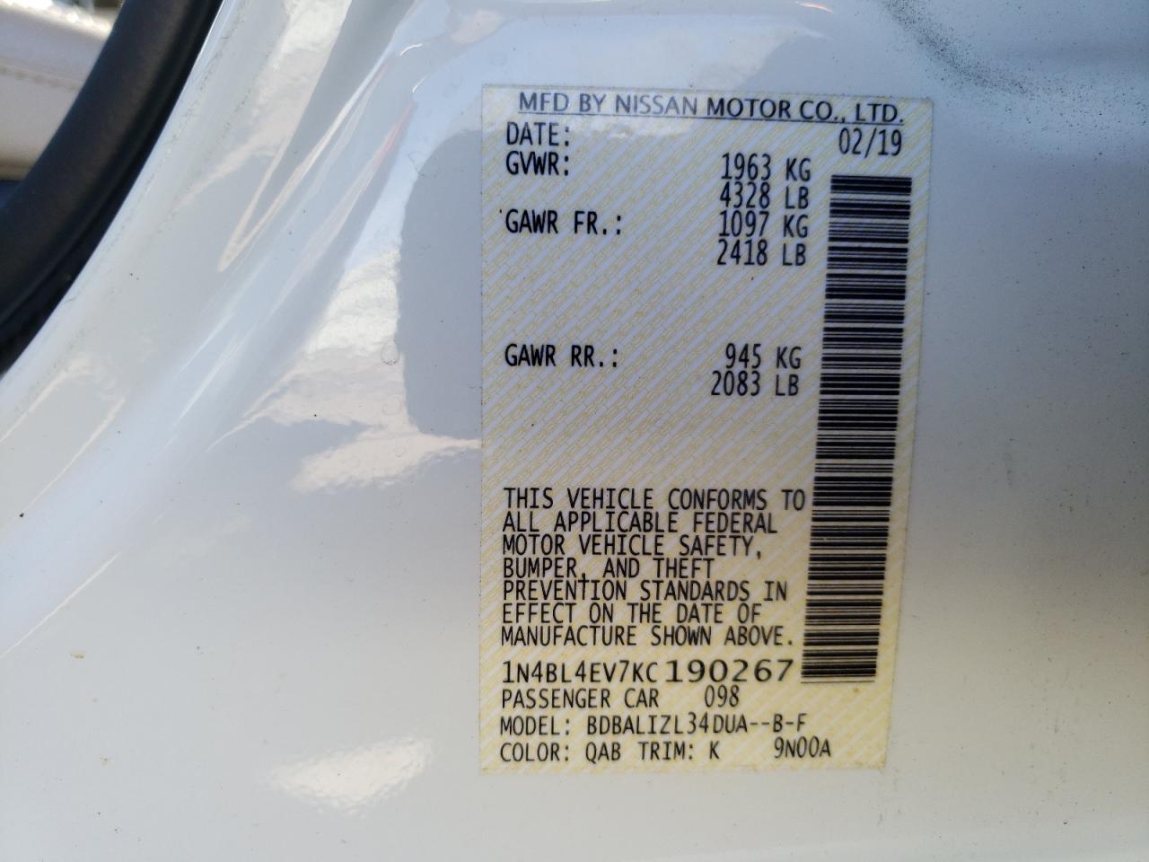 Photo 10 from auction – 2019 NISSAN ALTIMA SL with VIN 1N4BL4EV7KC190267