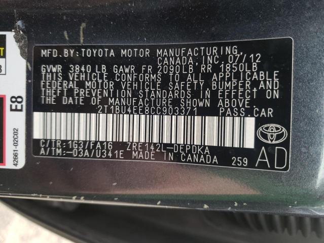 Photo 10 from auction – 2012 TOYOTA COROLLA BA with VIN 2T1BU4EE8CC903371