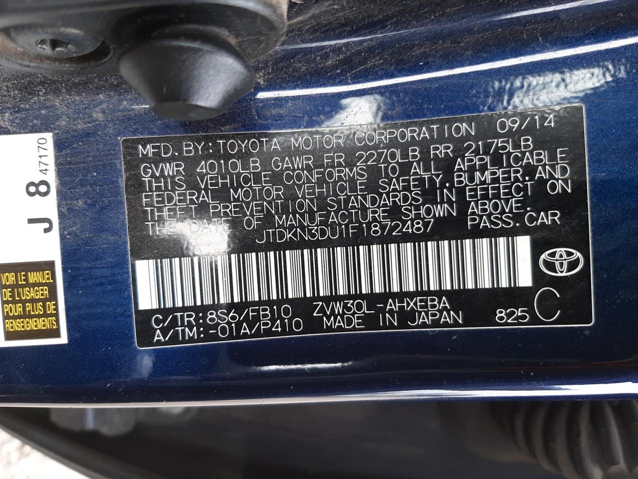 Photo 10 from auction – 2015 TOYOTA PRIUS with VIN JTDKN3DU1F1872487
