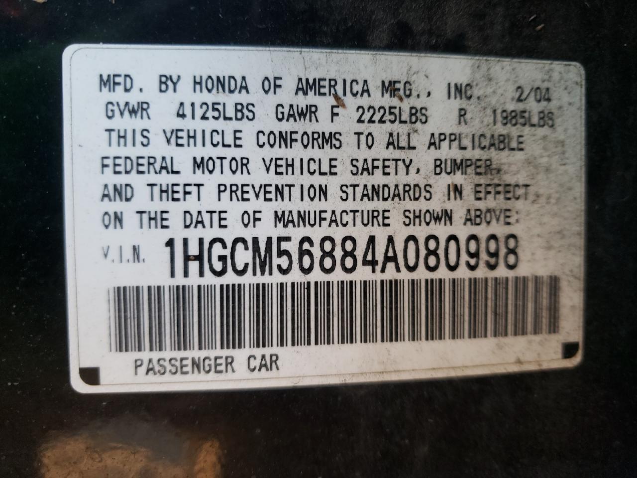 Photo 10 from auction – 2004 HONDA ACCORD EX with VIN 1HGCM56884A080998