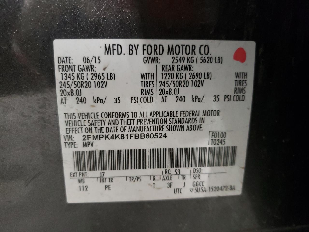 Photo 10 from auction – 2015 FORD EDGE TITAN with VIN 2FMPK4K81FBB60524