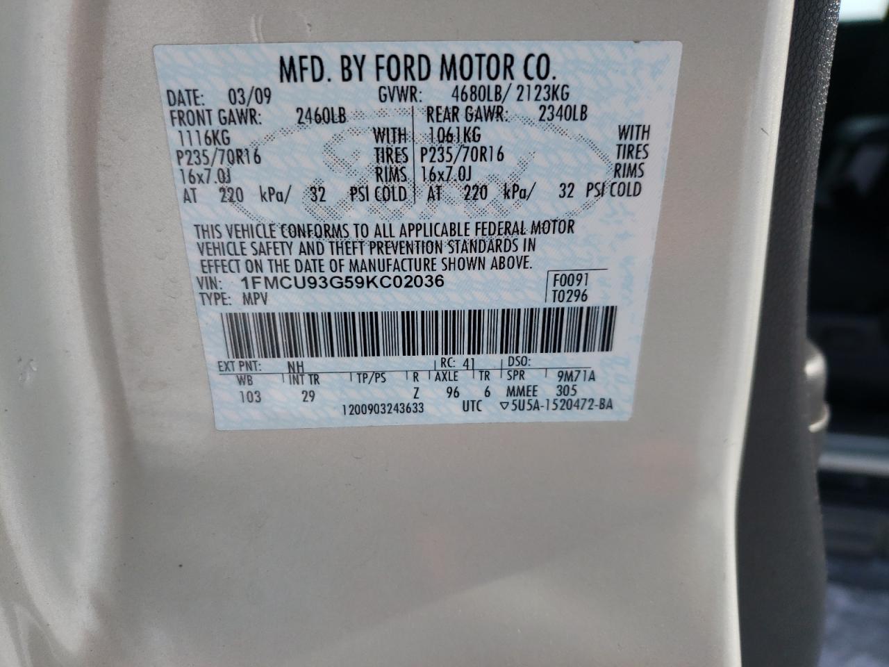 Photo 10 from auction – 2009 FORD ESCAPE XLT with VIN 1FMCU93G59KC02036