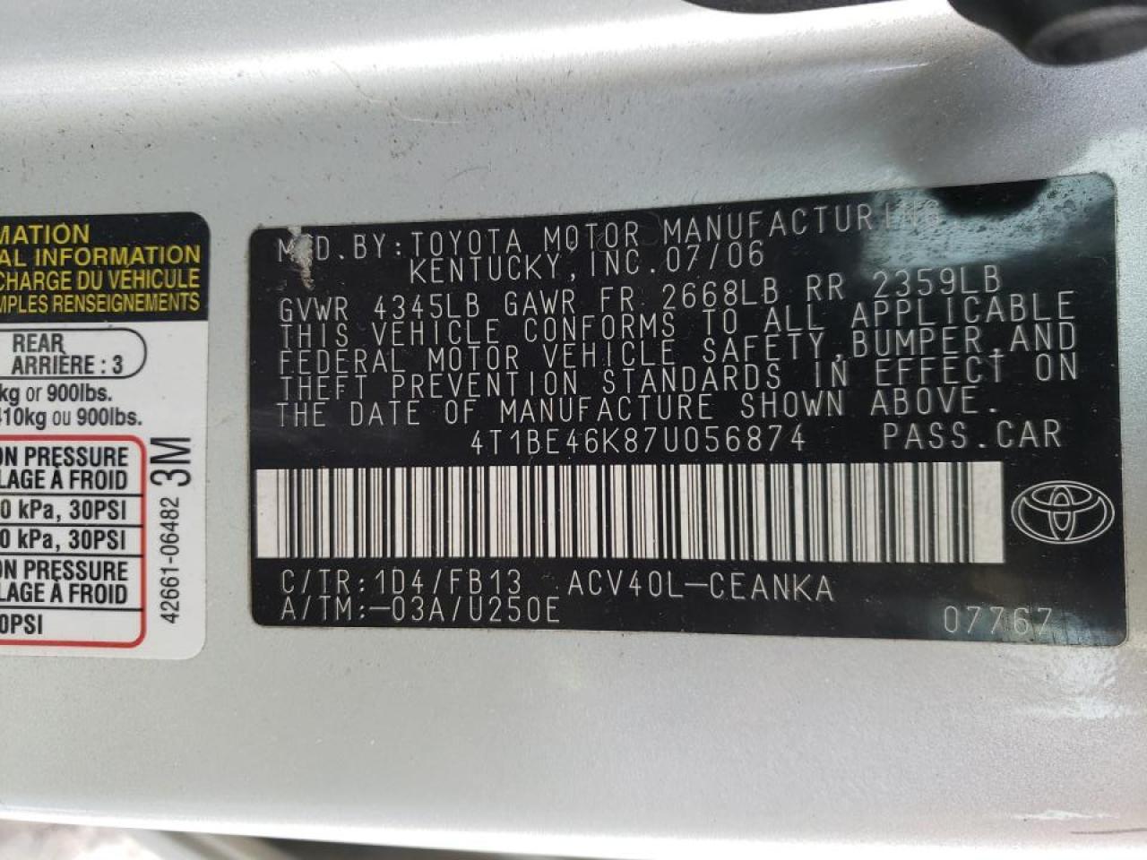 Photo 10 from auction – 2007 TOYOTA CAMRY CE with VIN 4T1BE46K87U056874