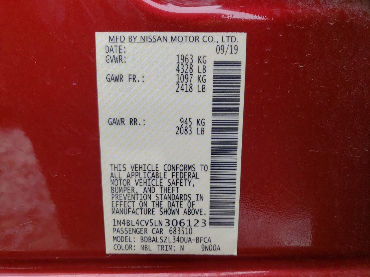 Photo 10 from auction – 2020 NISSAN ALTIMA SR with VIN 1N4BL4CV5LN306123