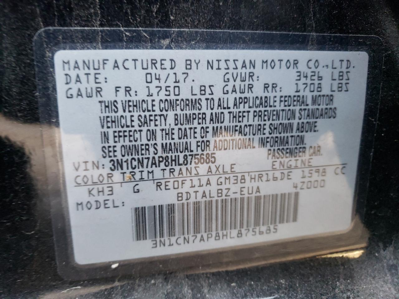 Photo 10 from auction – 2017 NISSAN VERSA S with VIN 3N1CN7AP8HL875685