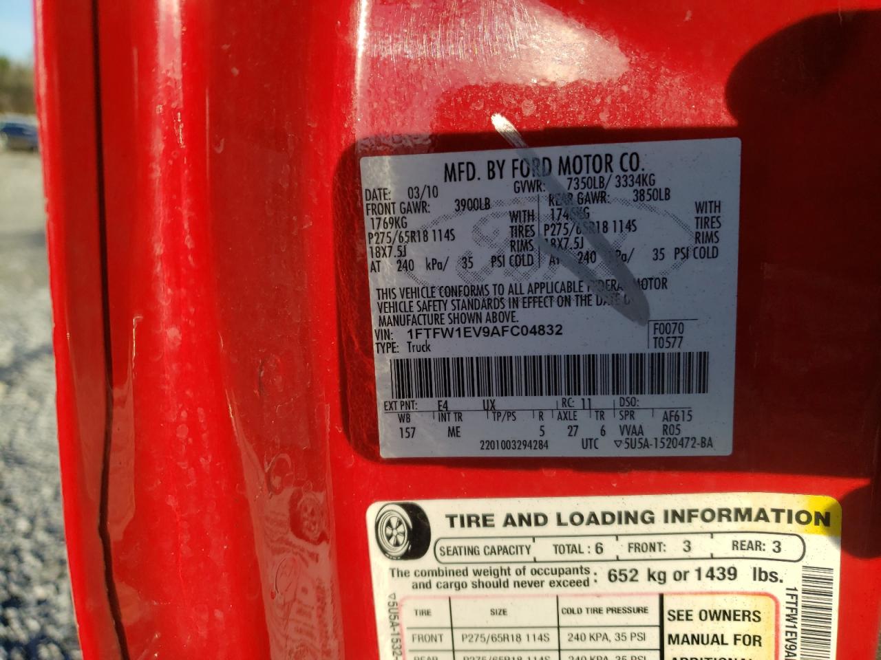 Photo 10 from auction – 2010 FORD F150 SUPER with VIN 1FTFW1EV9AFC04832