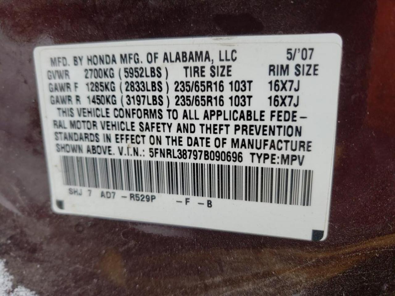 Photo 10 from auction – 2007 HONDA ODYSSEY EX with VIN 5FNRL38797B090696