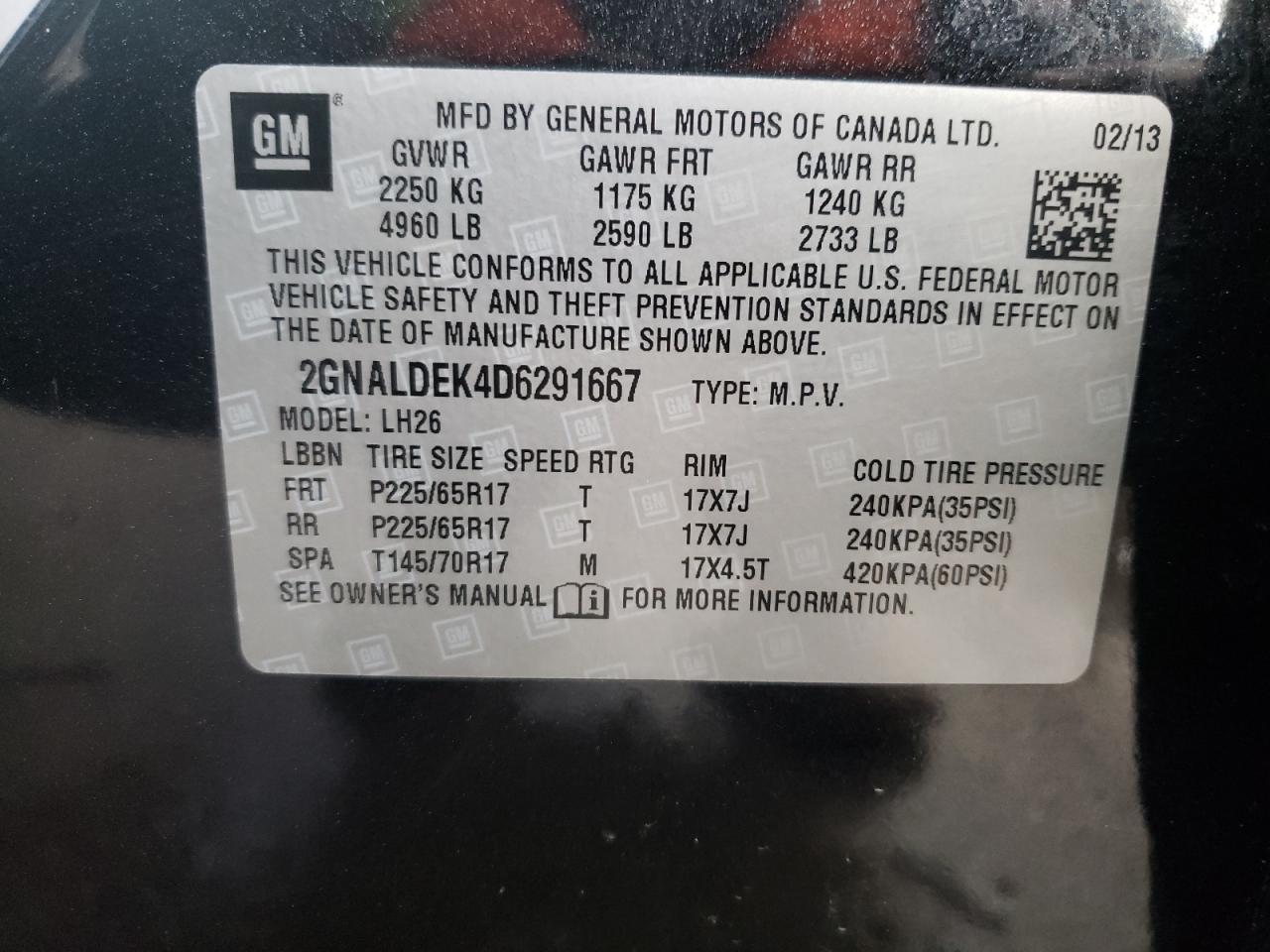 Photo 10 from auction – 2013 CHEVROLET EQUINOX LT with VIN 2GNALDEK4D6291667
