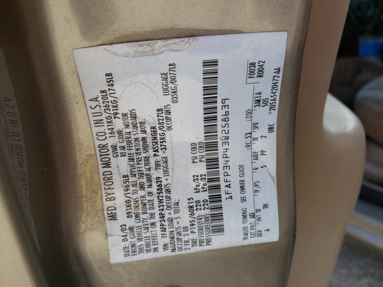 Photo 10 from auction – 2003 FORD FOCUS SE with VIN 1FAFP34P43W258639