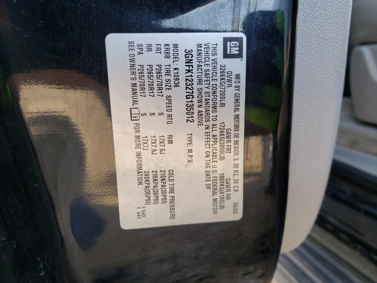 Photo 10 from auction – 2007 CHEVROLET AVALANCHE with VIN 3GNFK12327G135012