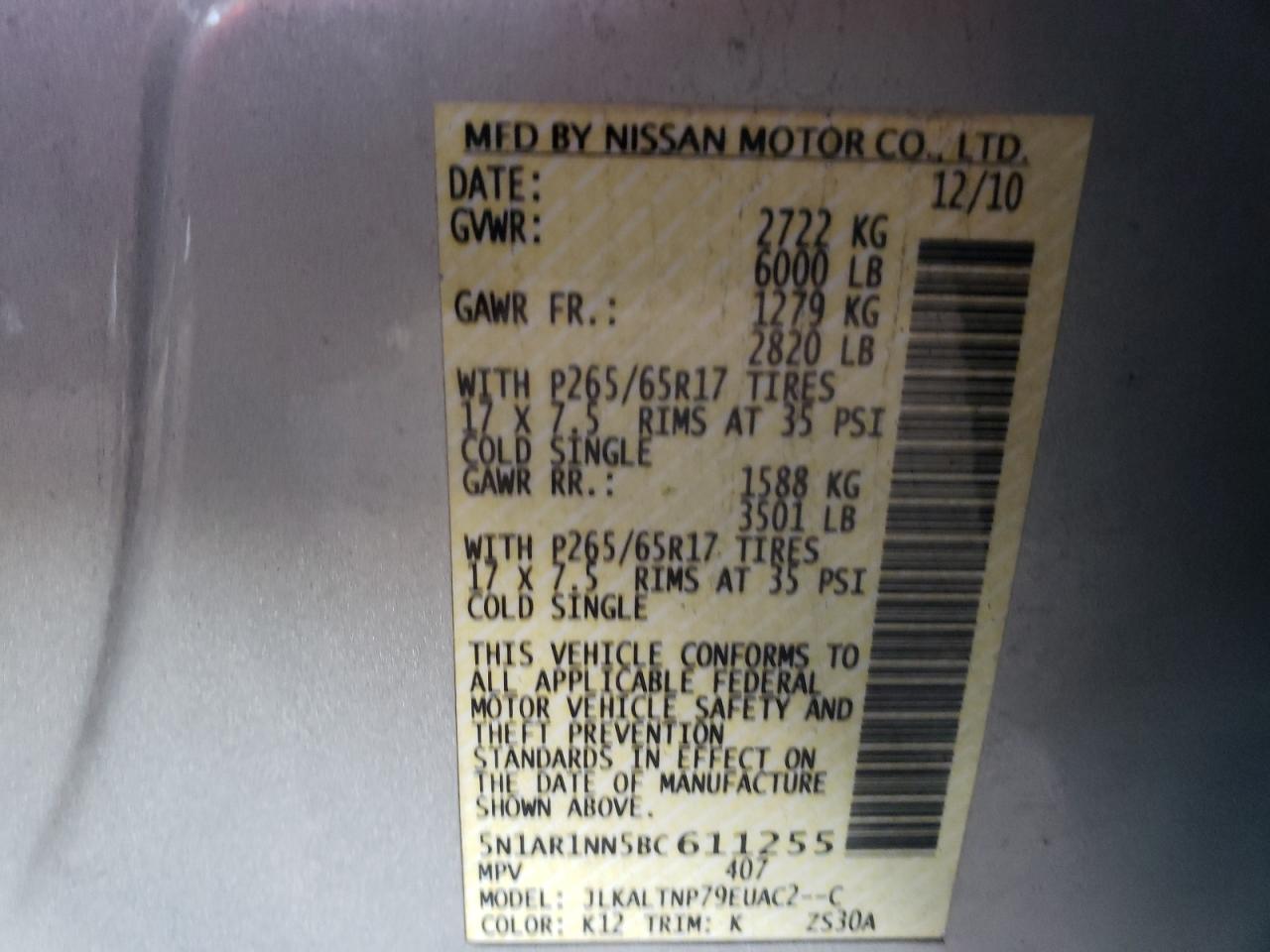 Photo 10 from auction – 2011 NISSAN PATHFINDER with VIN 5N1AR1NN5BC611255