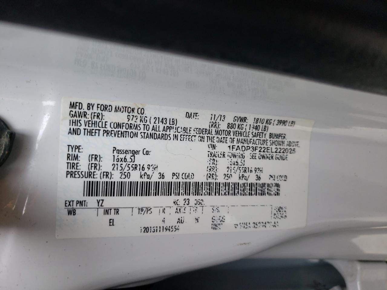 Photo 10 from auction – 2014 FORD FOCUS SE with VIN 1FADP3F22EL222025