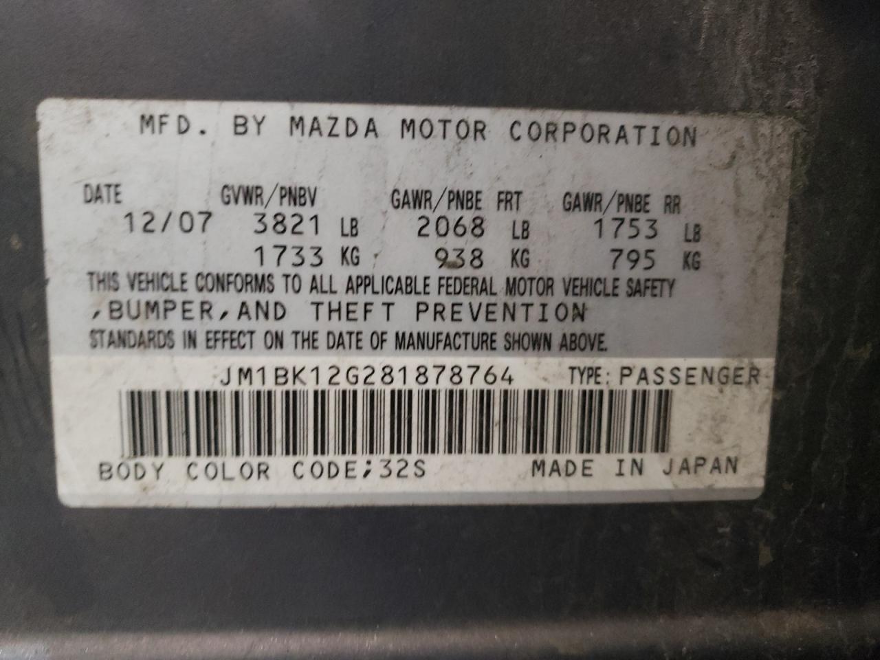 Photo 10 from auction – 2008 MAZDA 3 I with VIN JM1BK12G281878764