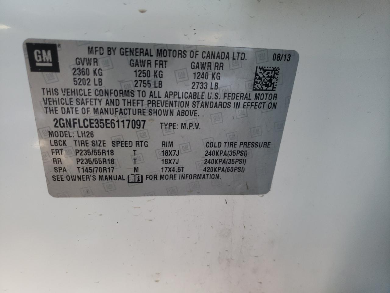 Photo 10 from auction – 2014 CHEVROLET EQUINOX LT with VIN 2GNFLCE35E6117097