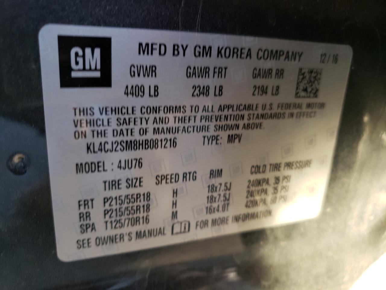 Photo 10 from auction – 2017 BUICK ENCORE SPO with VIN KL4CJ2SM8HB081216