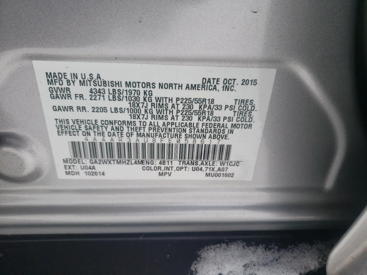 Photo 10 from auction – 2015 MITSUBISHI OUTLANDER with VIN 4A4AR3AU8FE058617
