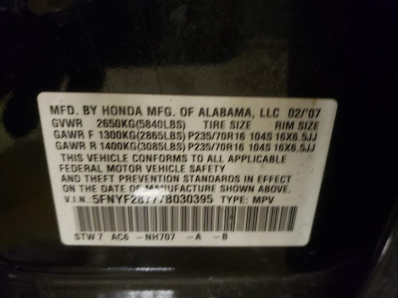 Photo 10 from auction – 2007 HONDA PILOT EXL with VIN 5FNYF28777B030395