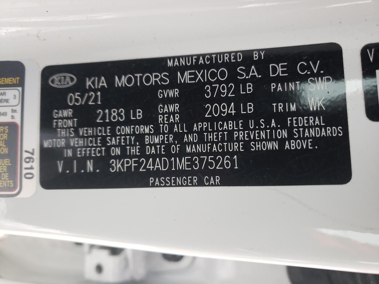 Photo 10 from auction – 2021 KIA FORTE FE with VIN 3KPF24AD1ME375261