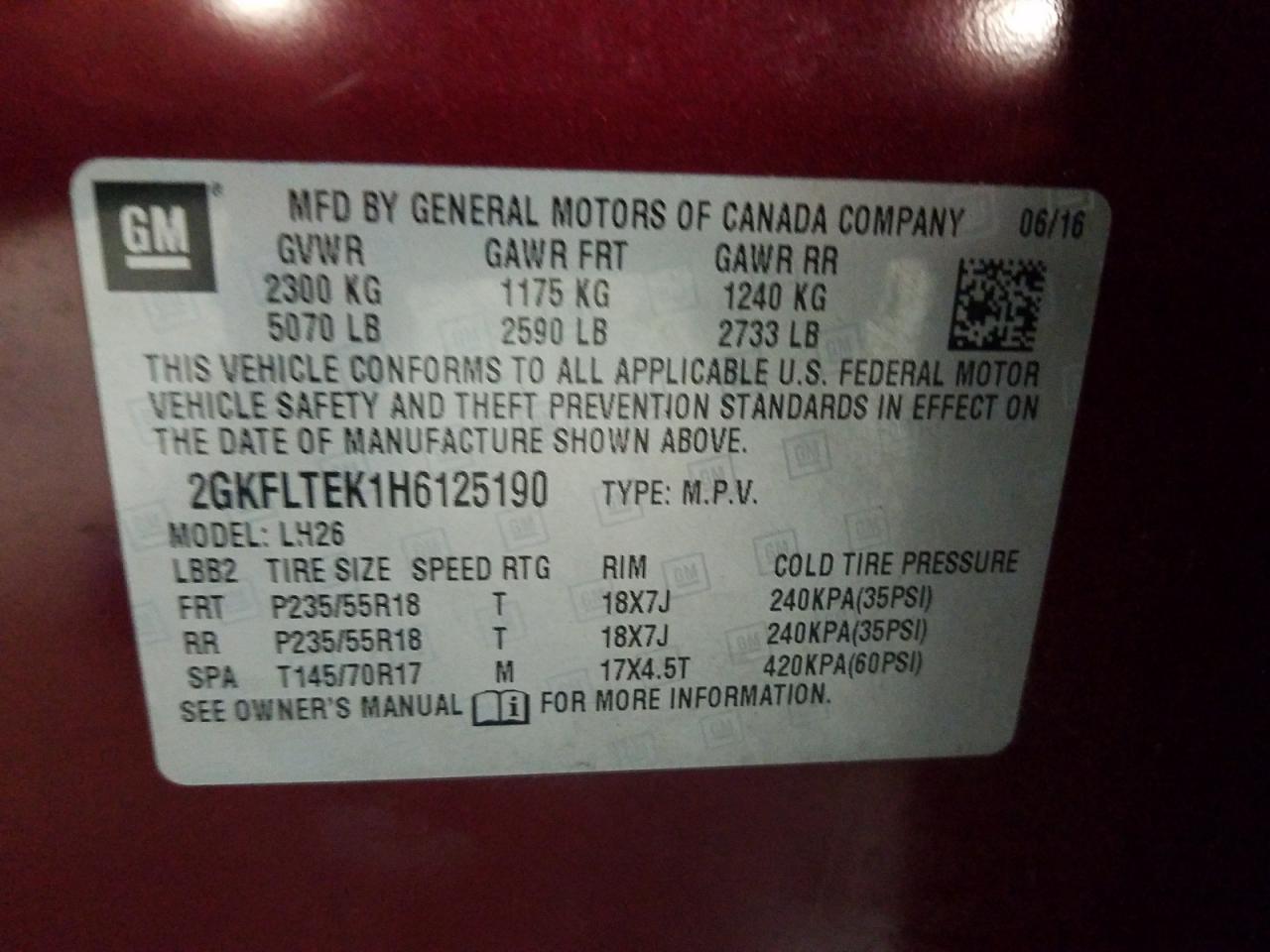 Photo 10 from auction – 2017 GMC TERRAIN SL with VIN 2GKFLTEK1H6125190
