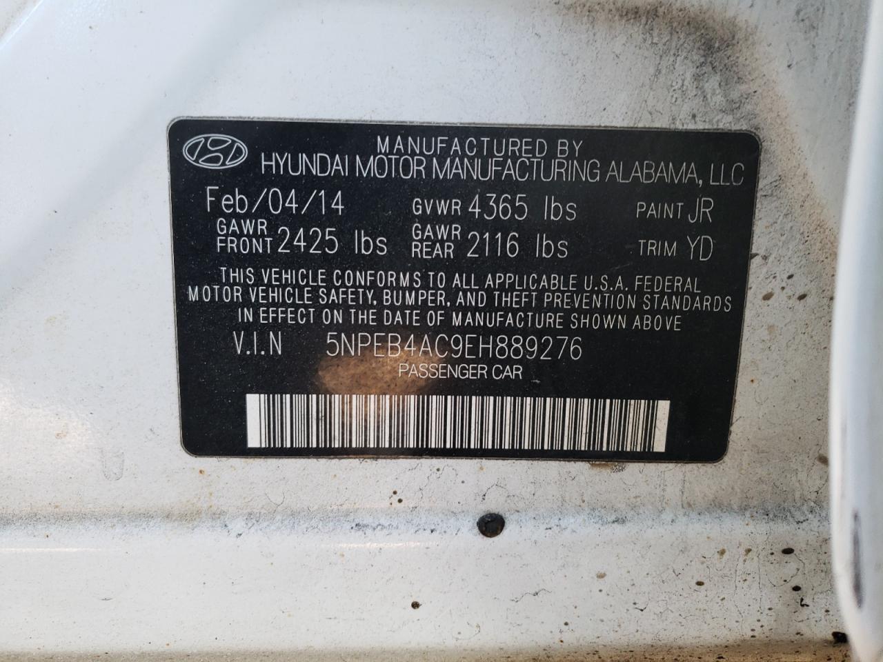 Photo 10 from auction – 2014 HYUNDAI SONATA GLS with VIN 5NPEB4AC9EH889276