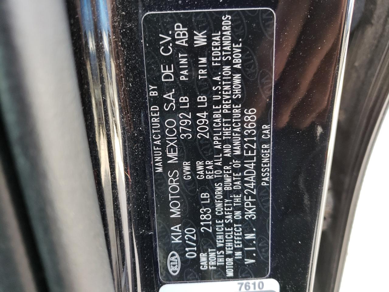 Photo 10 from auction – 2020 KIA FORTE FE with VIN 3KPF24AD4LE213686