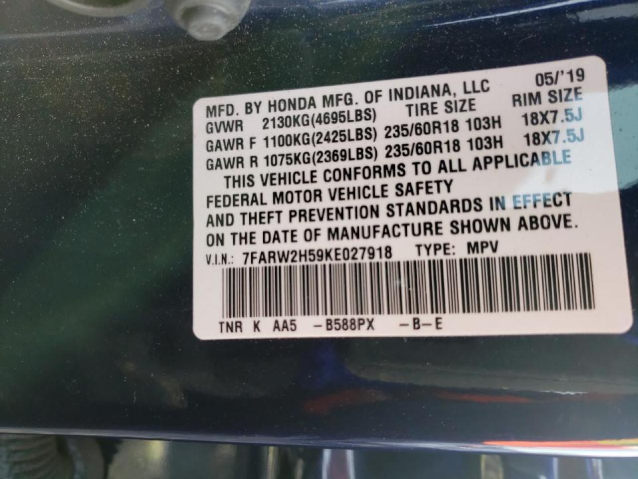 Photo 10 from auction – 2019 HONDA CR-V EX with VIN 7FARW2H59KE027918