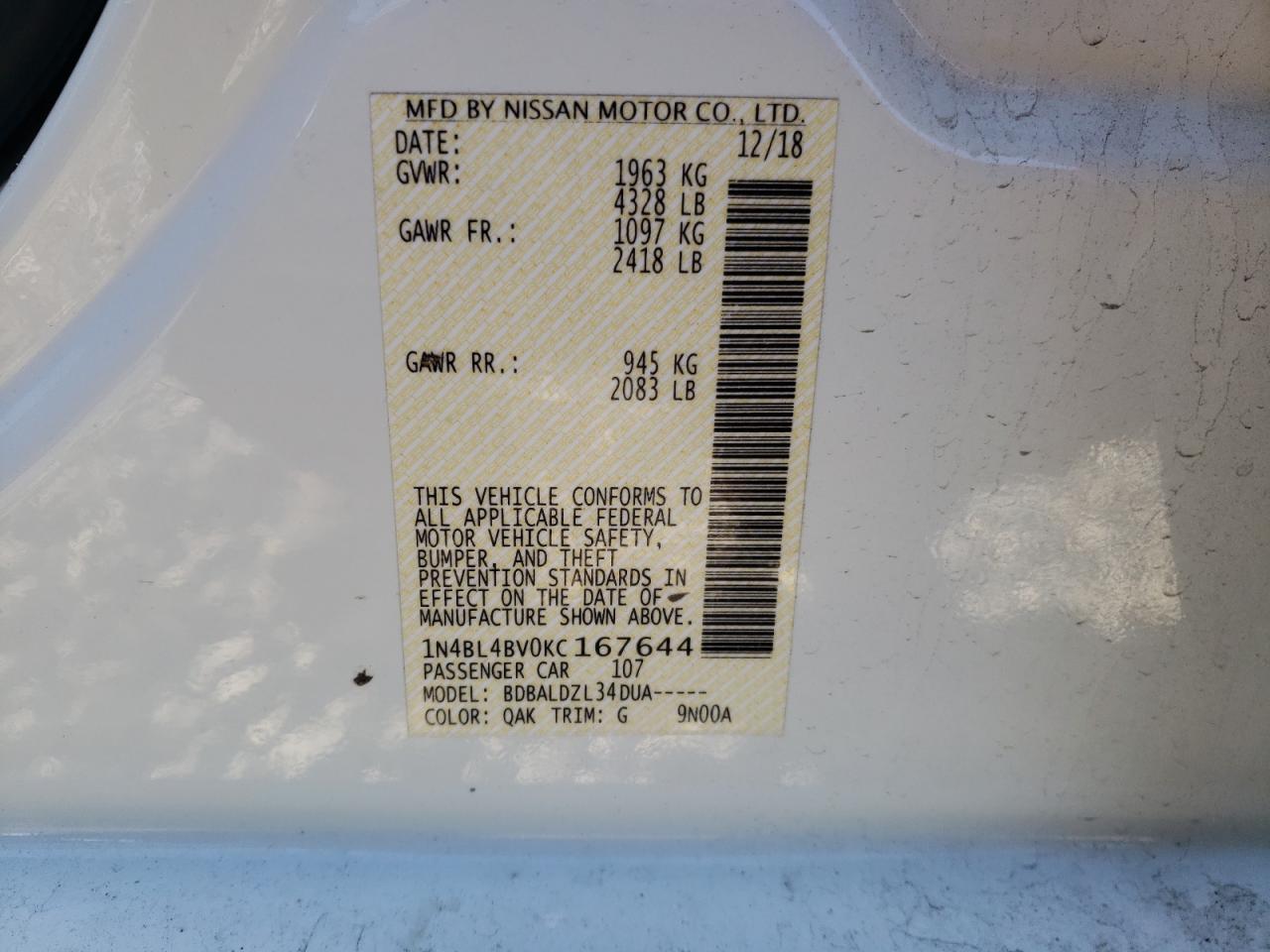 Photo 10 from auction – 2019 NISSAN ALTIMA S with VIN 1N4BL4BV0KC167644
