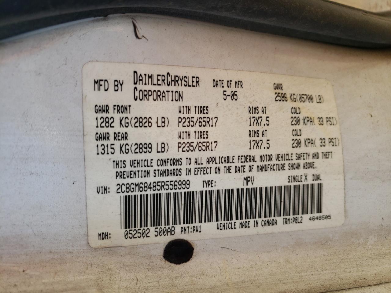 Photo 10 from auction – 2005 CHRYSLER PACIFICA T with VIN 2C8GM68485R556999