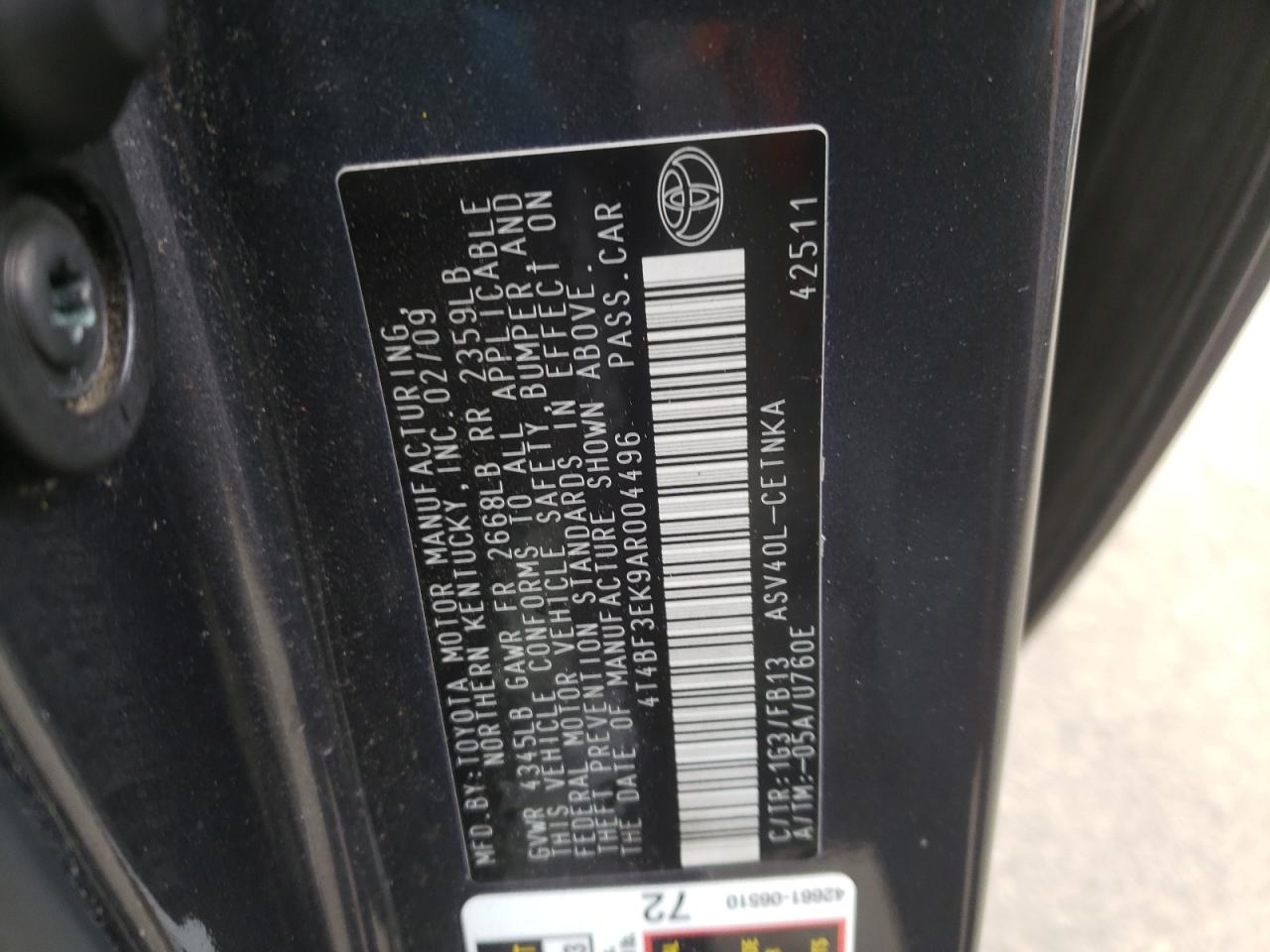 Photo 10 from auction – 2010 TOYOTA CAMRY BASE with VIN 4T4BF3EK9AR004496