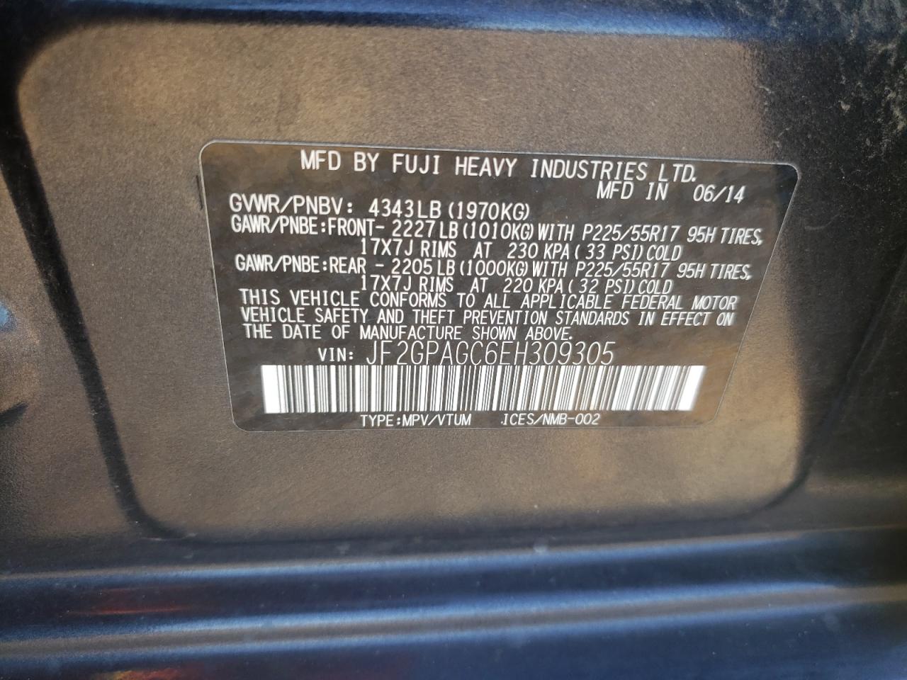 Photo 10 from auction – 2014 SUBARU XV CROSSTR with VIN JF2GPAGC6EH309305