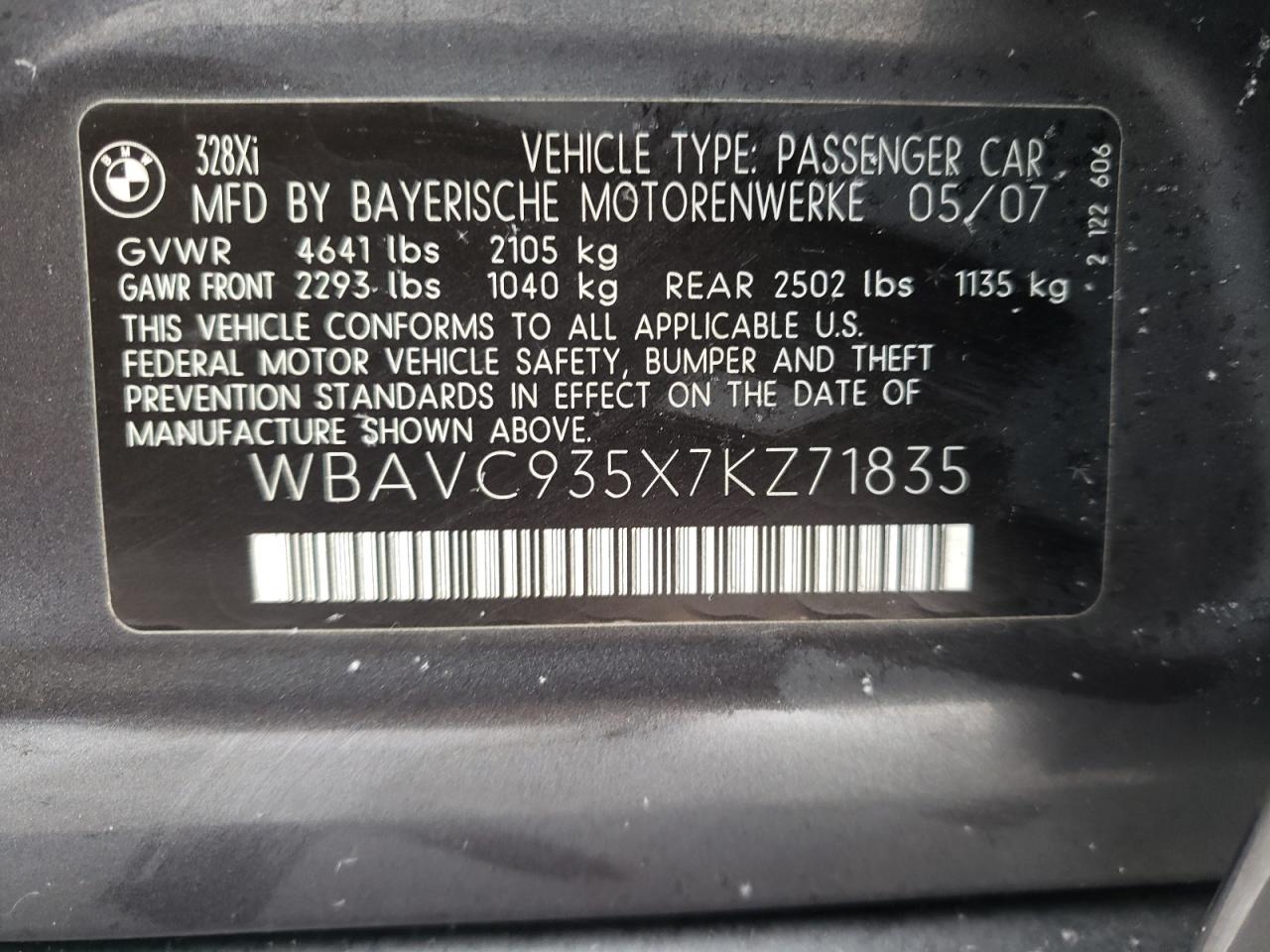 Photo 10 from auction – 2007 BMW 328 XI with VIN WBAVC935X7KZ71835