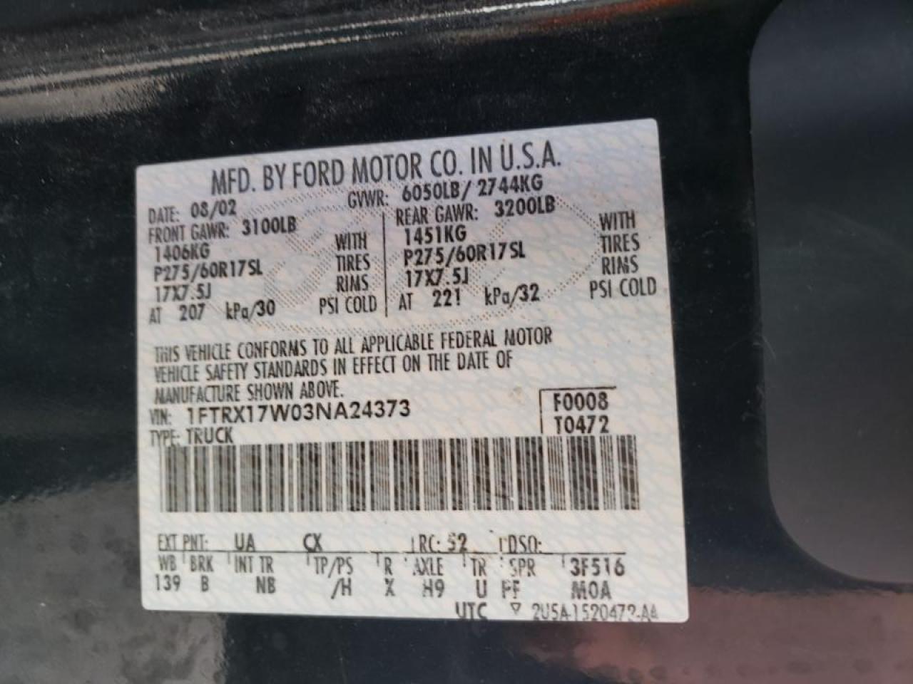 Photo 10 from auction – 2003 FORD F150 with VIN 1FTRX17W03NA24373