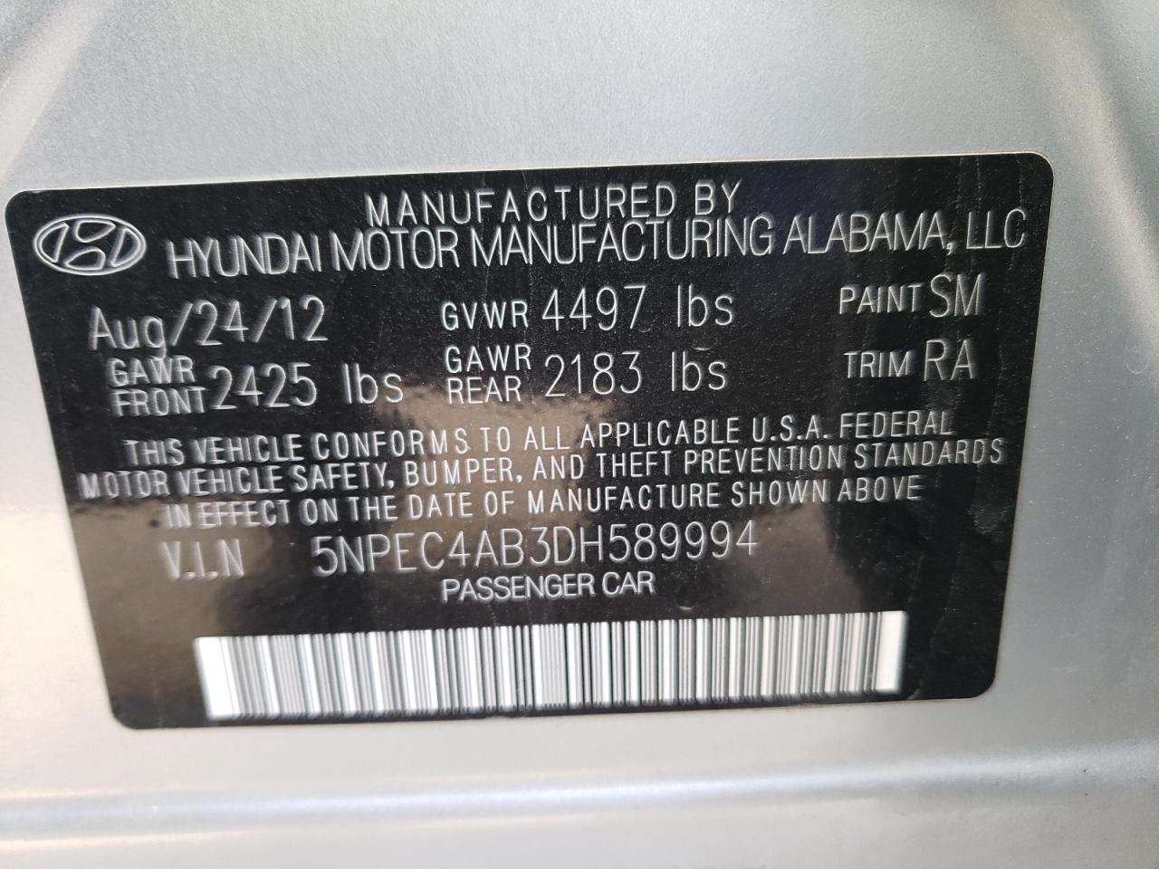Photo 10 from auction – 2013 HYUNDAI SONATA SE with VIN 5NPEC4AB3DH589994