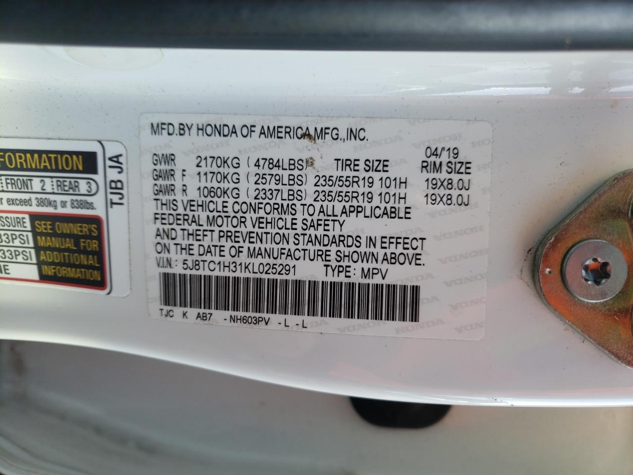 Photo 10 from auction – 2019 ACURA RDX with VIN 5J8TC1H31KL025291