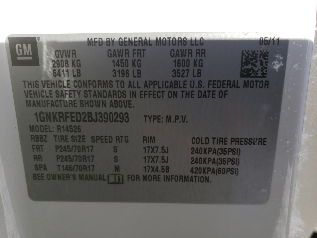 Photo 10 from auction – 2011 CHEVROLET TRAVERSE L with VIN 1GNKRFED2BJ390293