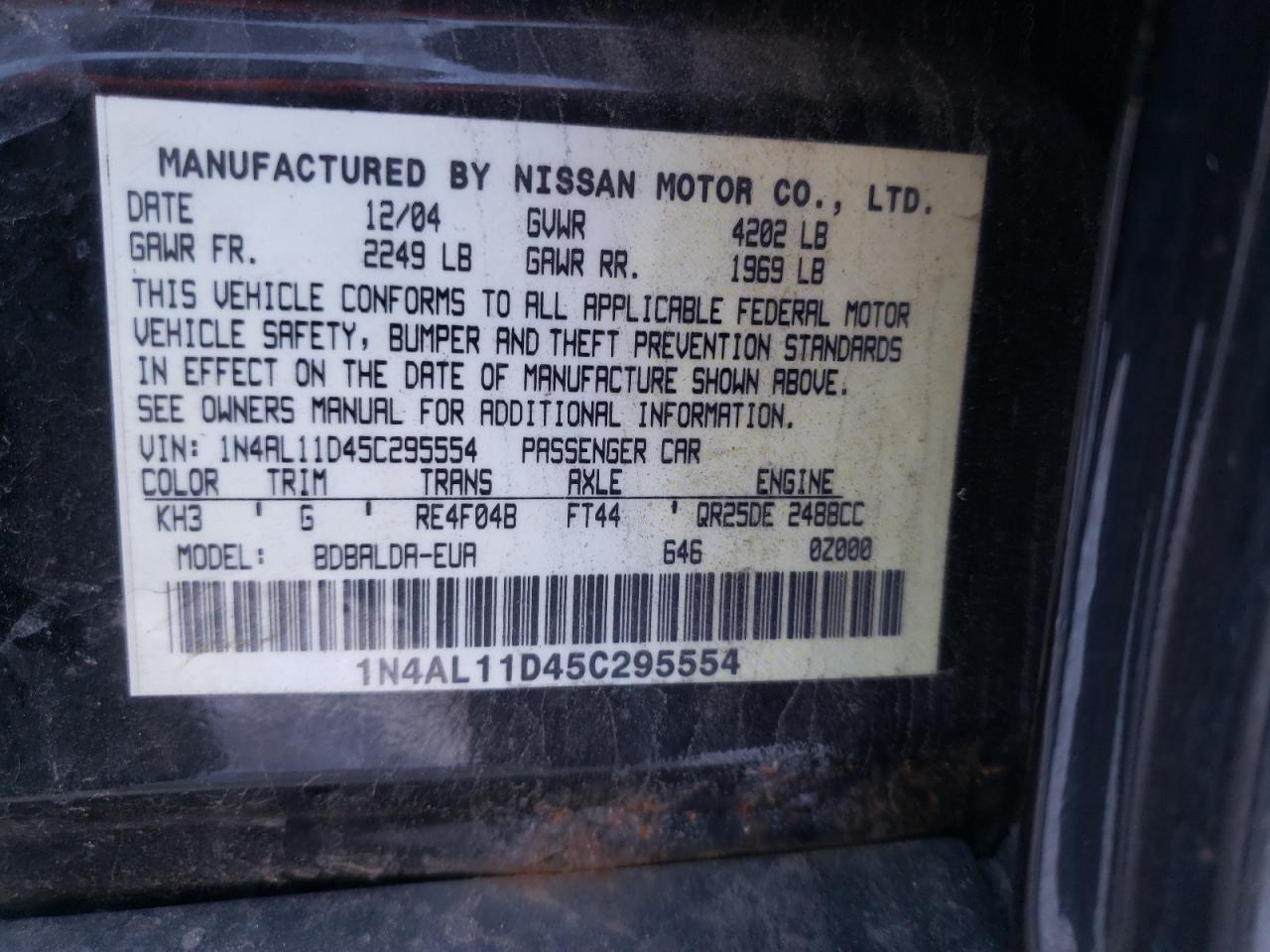 Photo 10 from auction – 2005 NISSAN ALTIMA S with VIN 1N4AL11D45C295554