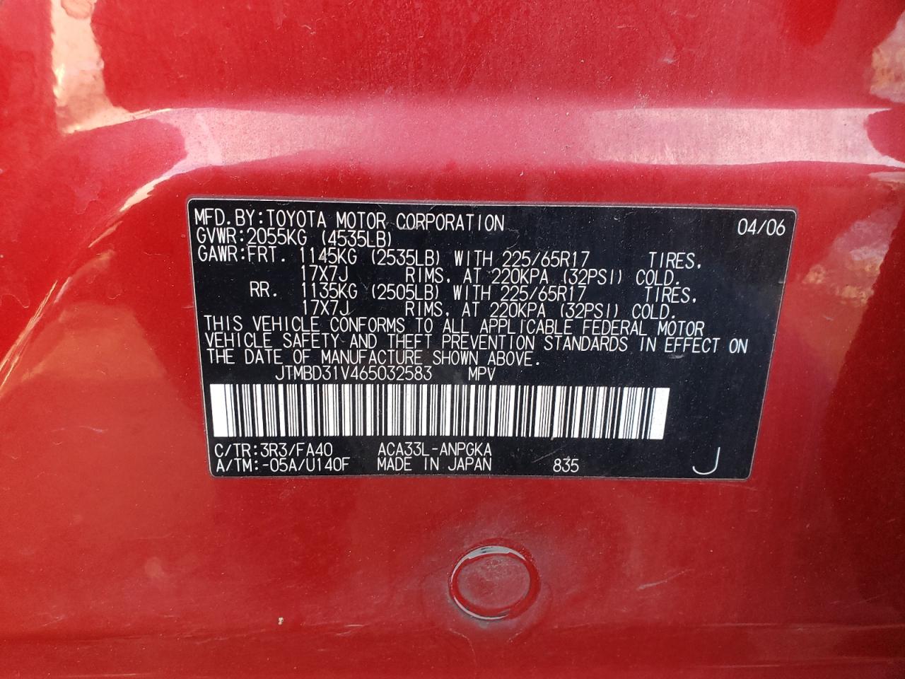 Photo 10 from auction – 2006 TOYOTA RAV4 LIMIT with VIN JTMBD31V465032583